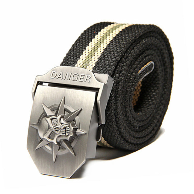 Skull Canvas Belt Men Metal Buckle Canvas Strap Belt Brand Tactics Woven Belt