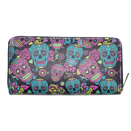 Zipper Long Wallet for Women With Phone PU Cartoon Skull Head Ladies Clutch Purses