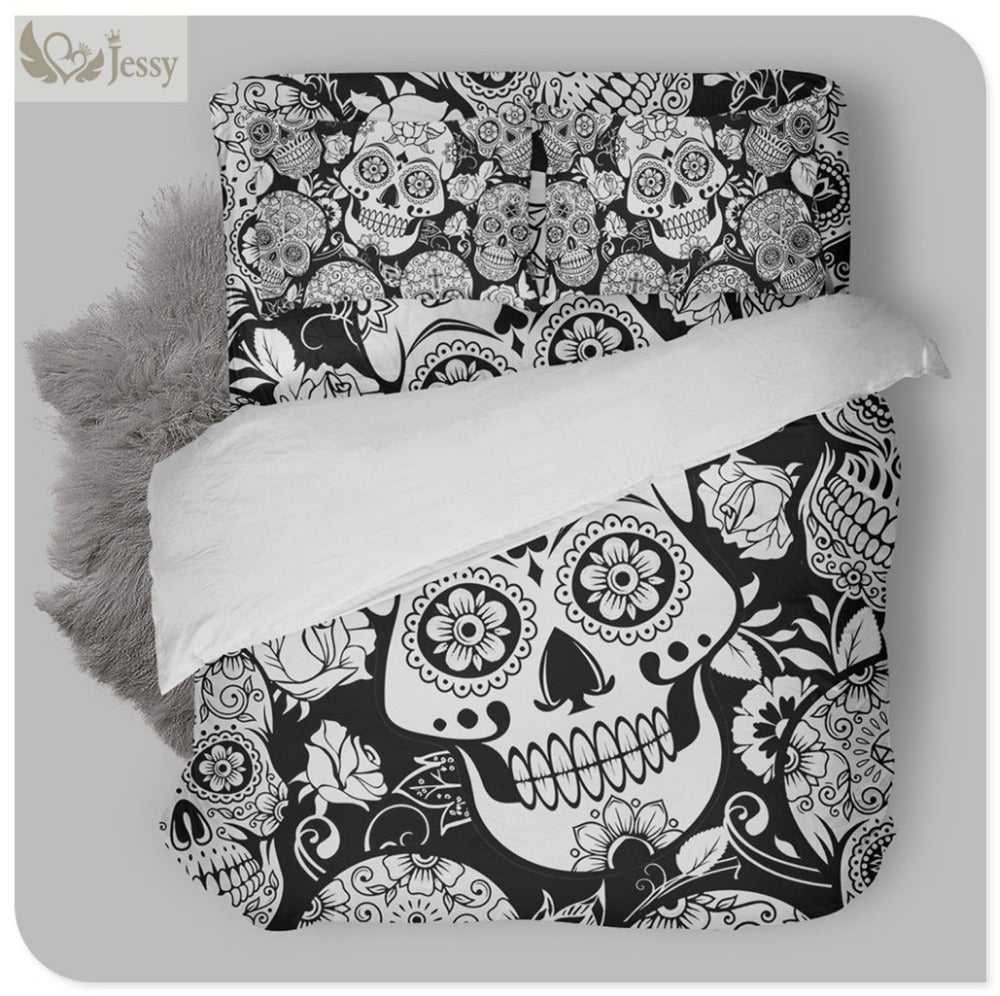100% Polyester 3Pcs/4pcs Skeleton Printed Bedding Black & White Skull Bedding
