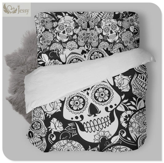 100% Polyester 3Pcs/4pcs Skeleton Printed Bedding Black & White Skull Bedding