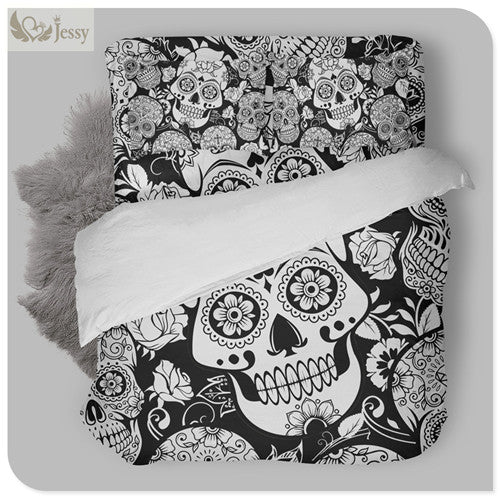 100% Polyester 3Pcs/4pcs Skeleton Printed Bedding Black & White Skull Bedding