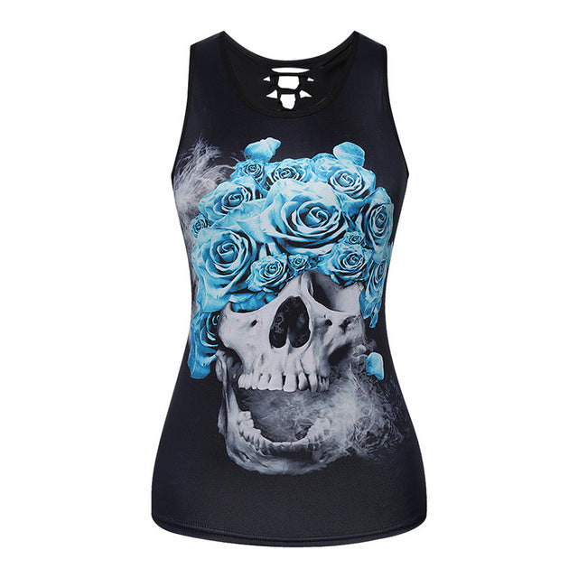 3D Skull Printing Women Tank Tops Sleeveless Hollow Out O Neck Black Vest