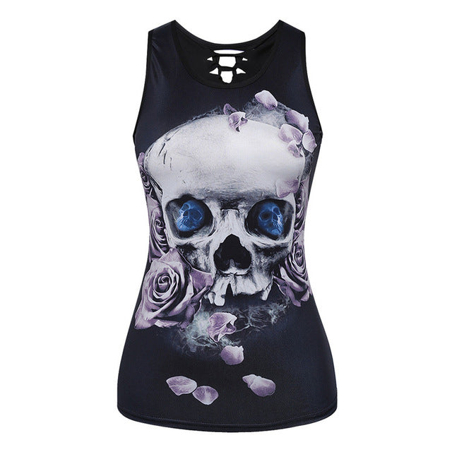 3D Skull Printing Women Tank Tops Sleeveless Hollow Out O Neck Black Vest