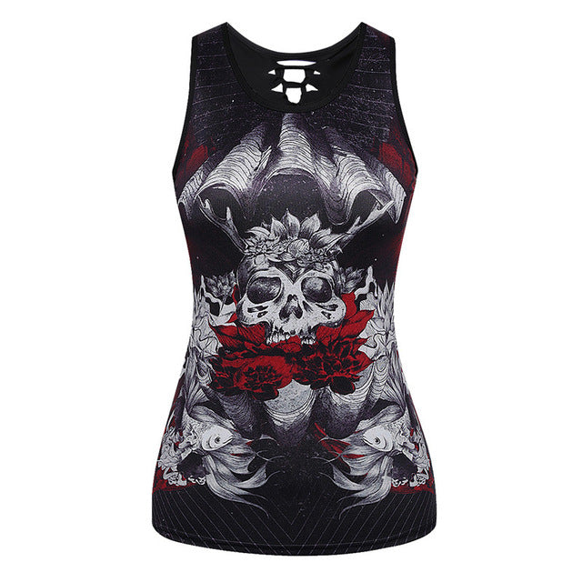 3D Skull Printing Women Tank Tops Sleeveless Hollow Out O Neck Black Vest