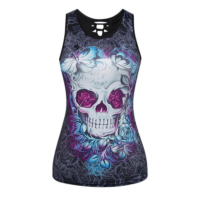 3D Skull Printing Women Tank Tops Sleeveless Hollow Out O Neck Black Vest