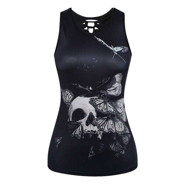 3D Skull Printing Women Tank Tops Sleeveless Hollow Out O Neck Black Vest
