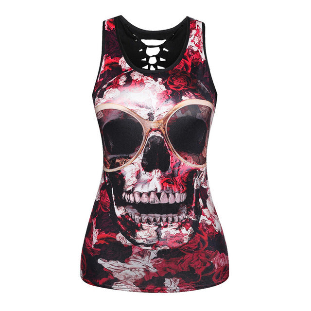 3D Skull Printing Women Tank Tops Sleeveless Hollow Out O Neck Black Vest