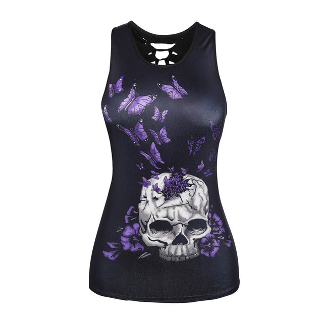 3D Skull Printing Women Tank Tops Sleeveless Hollow Out O Neck Black Vest
