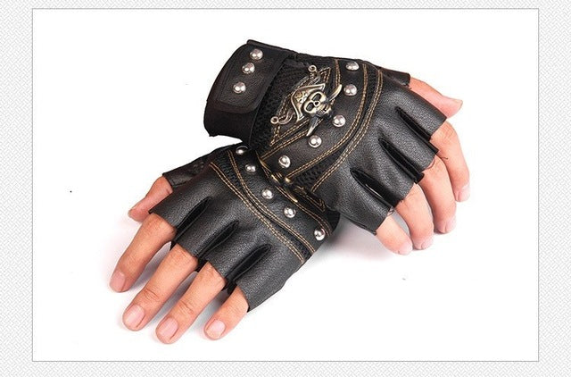 Skulls Rivet PU Leather Fingerless Gloves Men Women Fashion Hip Hop