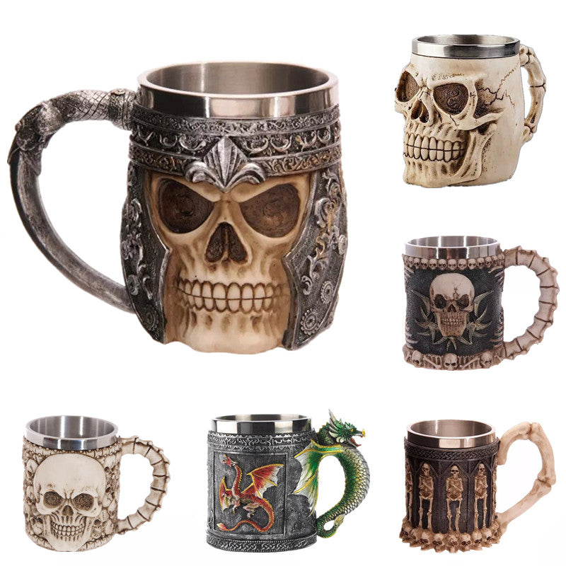 Double Wall Stainless Steel 3D Skull Cup Coffee Skull Knight Tankard Dragon