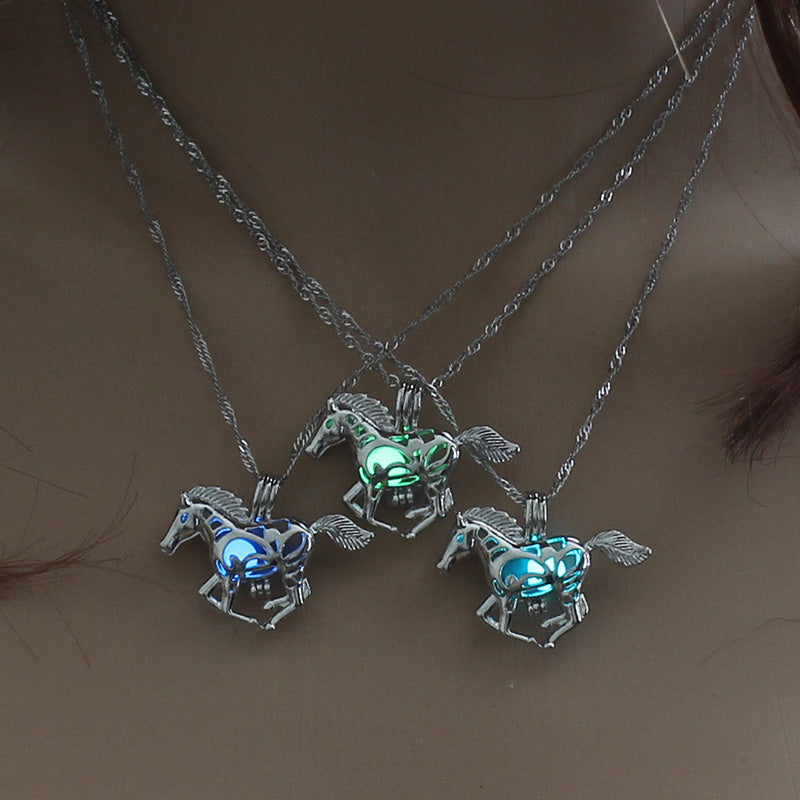 Glow in the Dark necklace Silver Chain Jewelry Ancient Running Horse Pendants