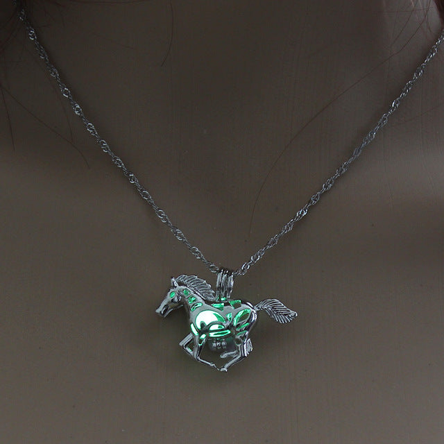 Glow in the Dark necklace Silver Chain Jewelry Ancient Running Horse Pendants