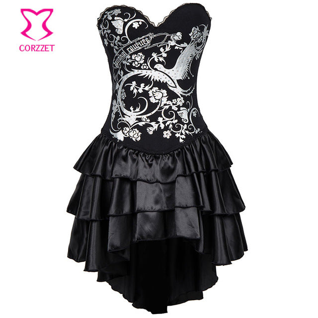 Vintage Silver Skull Print Long Victorian Steampunk Corset Dress Gothic Corsets