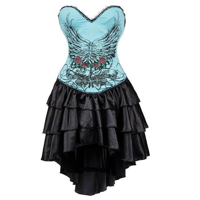 Vintage Silver Skull Print Long Victorian Steampunk Corset Dress Gothic Corsets