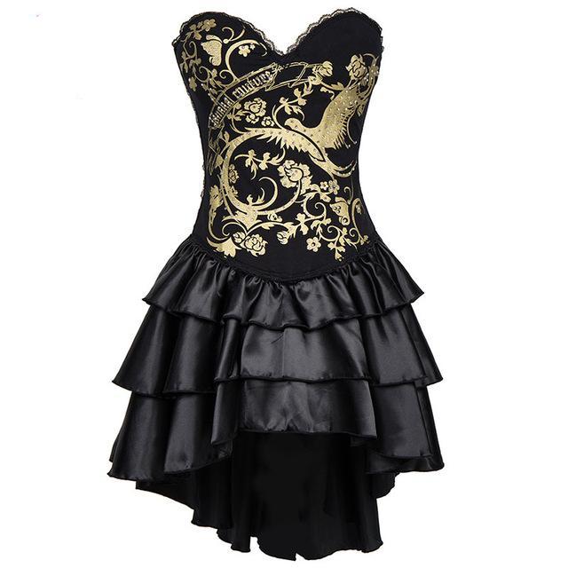 Vintage Silver Skull Print Long Victorian Steampunk Corset Dress Gothic Corsets