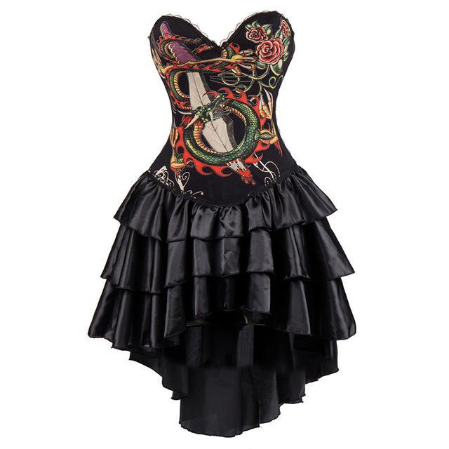 Vintage Silver Skull Print Long Victorian Steampunk Corset Dress Gothic Corsets