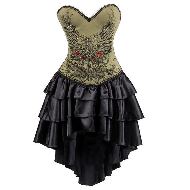 Vintage Silver Skull Print Long Victorian Steampunk Corset Dress Gothic Corsets