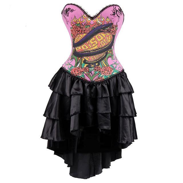 Vintage Silver Skull Print Long Victorian Steampunk Corset Dress Gothic Corsets