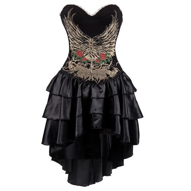 Vintage Silver Skull Print Long Victorian Steampunk Corset Dress Gothic Corsets