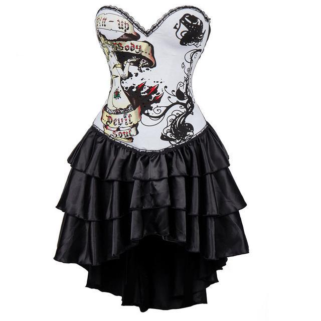 Vintage Silver Skull Print Long Victorian Steampunk Corset Dress Gothic Corsets