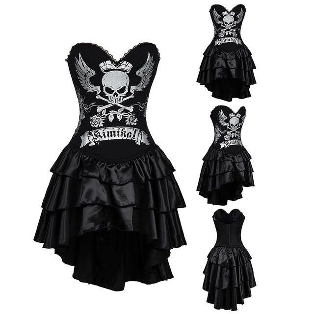 Vintage Silver Skull Print Long Victorian Steampunk Corset Dress Gothic Corsets
