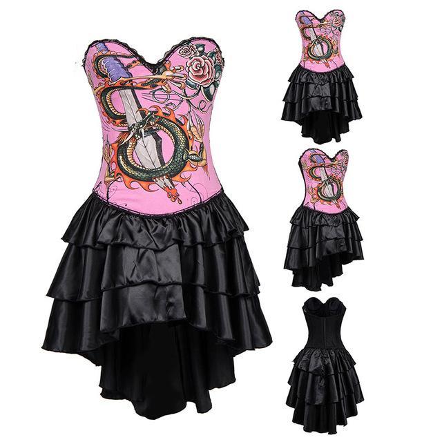 Vintage Silver Skull Print Long Victorian Steampunk Corset Dress Gothic Corsets