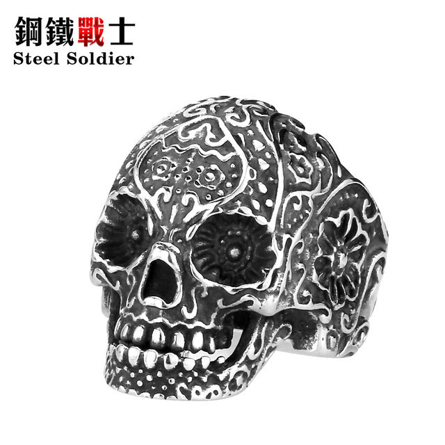 Steel soldier New Vintage Garden Flower Skull ring Black TITANIUM Mens Rings Fashion Jewelry