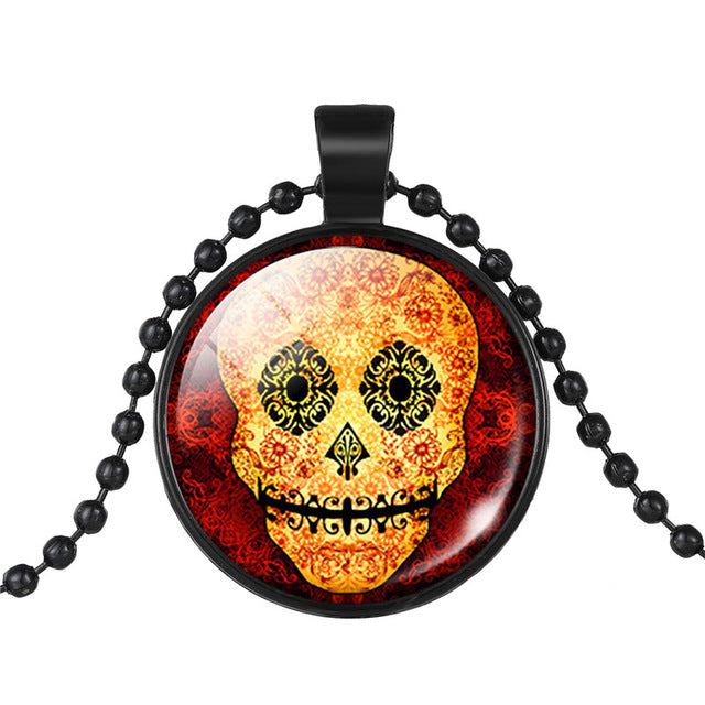 Mexican Sugar Skull Pendant Day Of The Dead Necklace Beads Chain Glass Jewelry Necklace