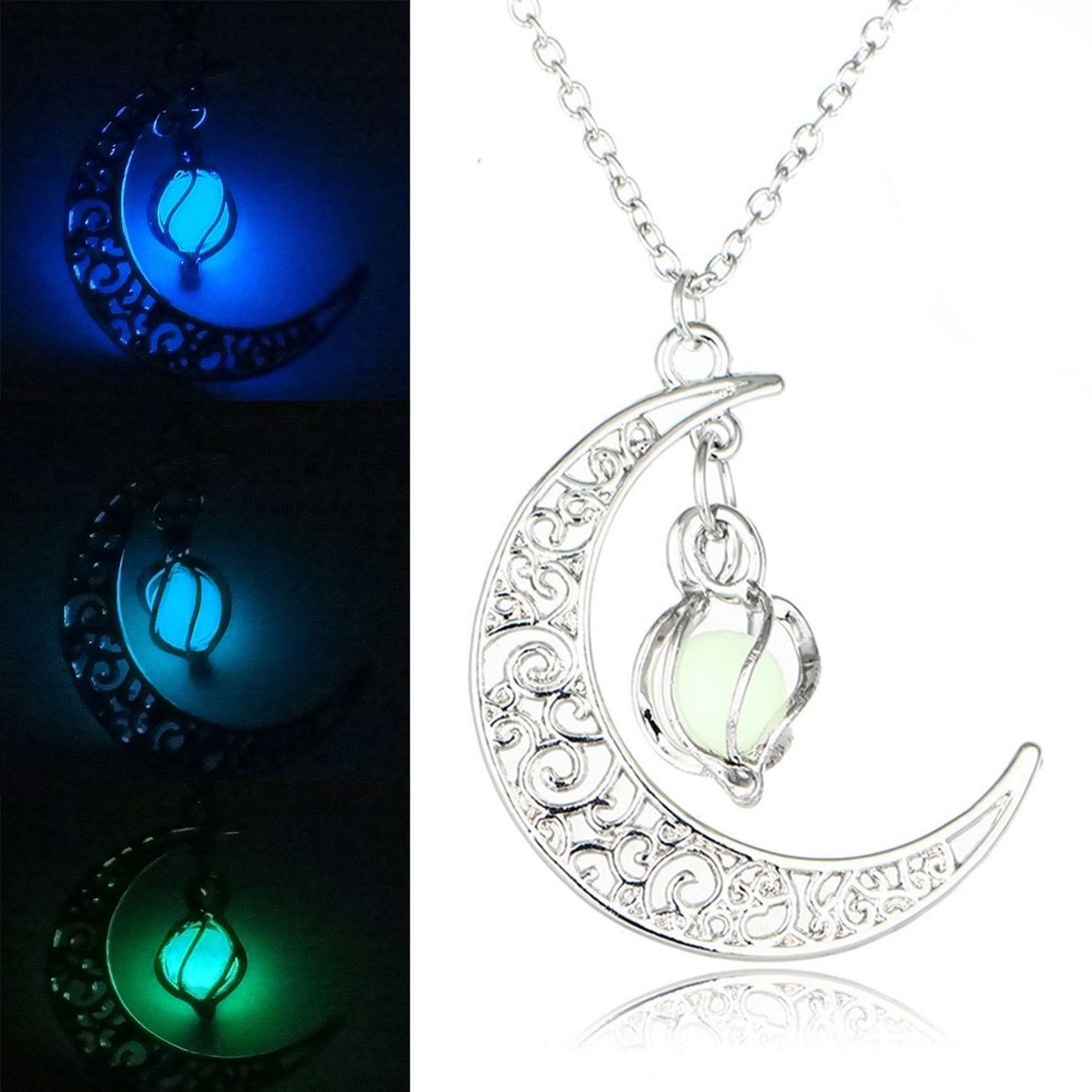 Glow In the Dark Jewelry Silver Plated with Crescent Shaped Loket Pendant