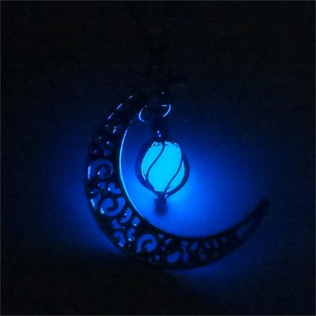 Glow In the Dark Jewelry Silver Plated with Crescent Shaped Loket Pendant