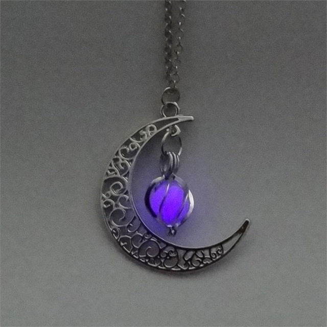 Glow In the Dark Jewelry Silver Plated with Crescent Shaped Loket Pendant