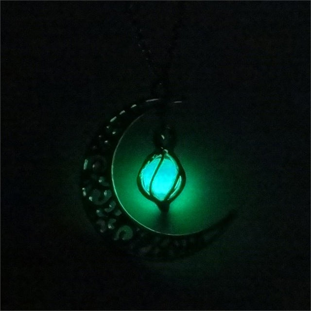 Glow In the Dark Jewelry Silver Plated with Crescent Shaped Loket Pendant