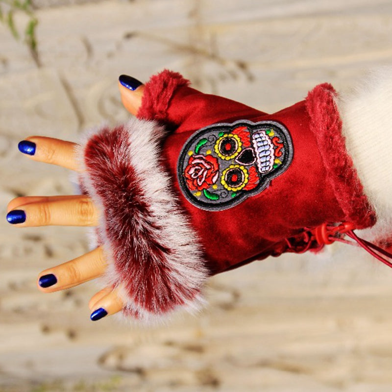 Vintage Ethnic Gloves Embroidery Skull  winter Gloves Female half finger Mittens