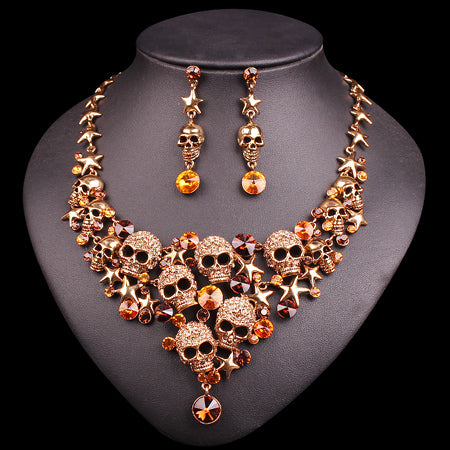 Rhinestones Skeleton Necklace Earrings Sets Vintage Skull Jewelry Sets