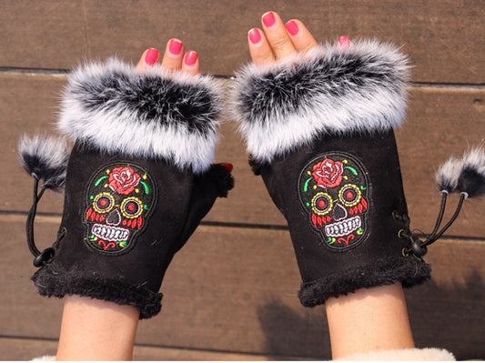 Fashion Winter Gloves Skull Embroider Women Gloves winter