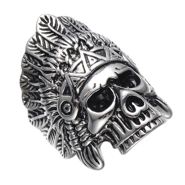 Crown Indians Chief Skeleton Skull Mens Ring Punk Gothic Gold Silver Titanium Stainless Steel Rings