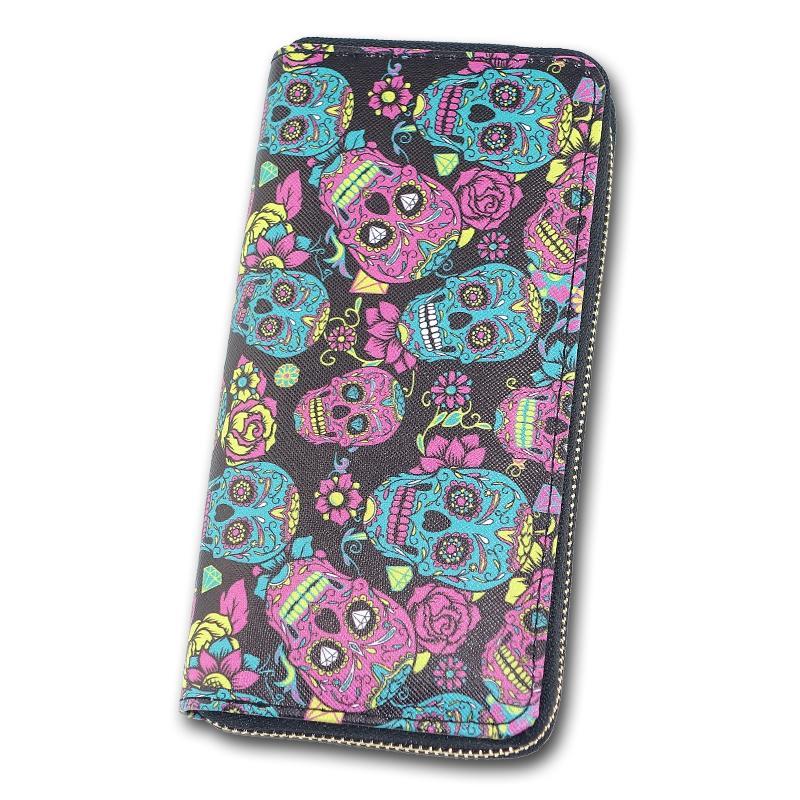 Zipper Long Wallet for Women With Phone PU Cartoon Skull Head Ladies Clutch Purses