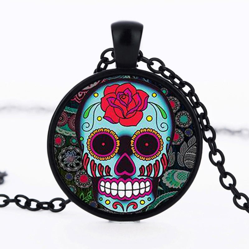 Sugar Skull Necklace Glass Crystal Skeleton Pendant Silver Color Chain Long Necklaces