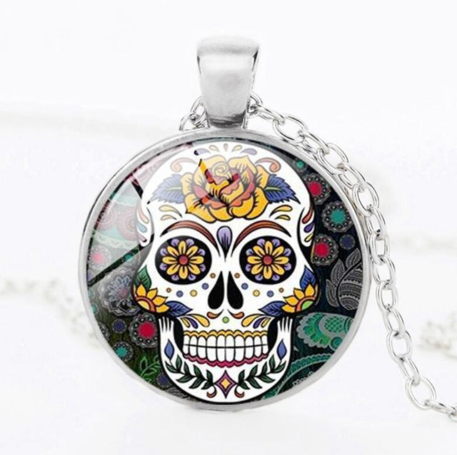 Sugar Skull Necklace Glass Crystal Skeleton Pendant Silver Color Chain Long Necklaces