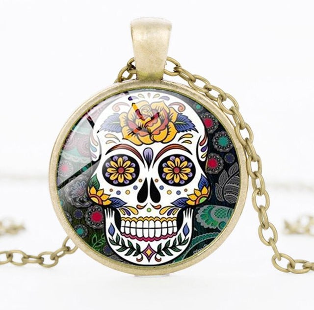 Sugar Skull Necklace Glass Crystal Skeleton Pendant Silver Color Chain Long Necklaces