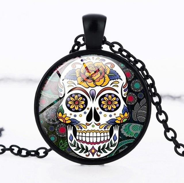 Sugar Skull Necklace Glass Crystal Skeleton Pendant Silver Color Chain Long Necklaces