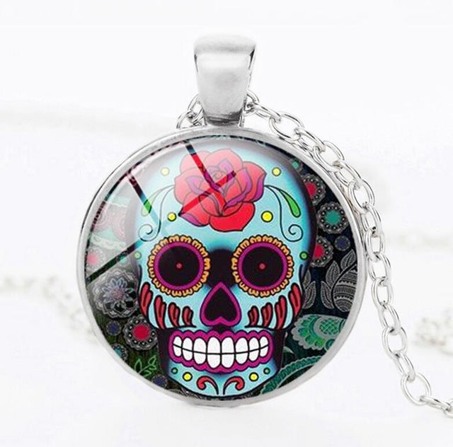 Sugar Skull Necklace Glass Crystal Skeleton Pendant Silver Color Chain Long Necklaces