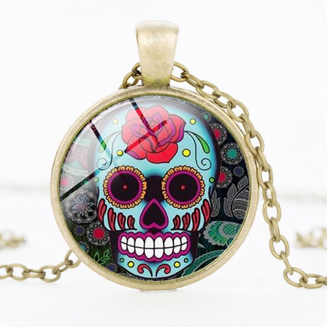 Sugar Skull Necklace Glass Crystal Skeleton Pendant Silver Color Chain Long Necklaces