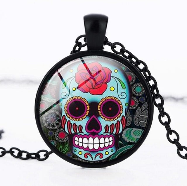 Sugar Skull Necklace Glass Crystal Skeleton Pendant Silver Color Chain Long Necklaces