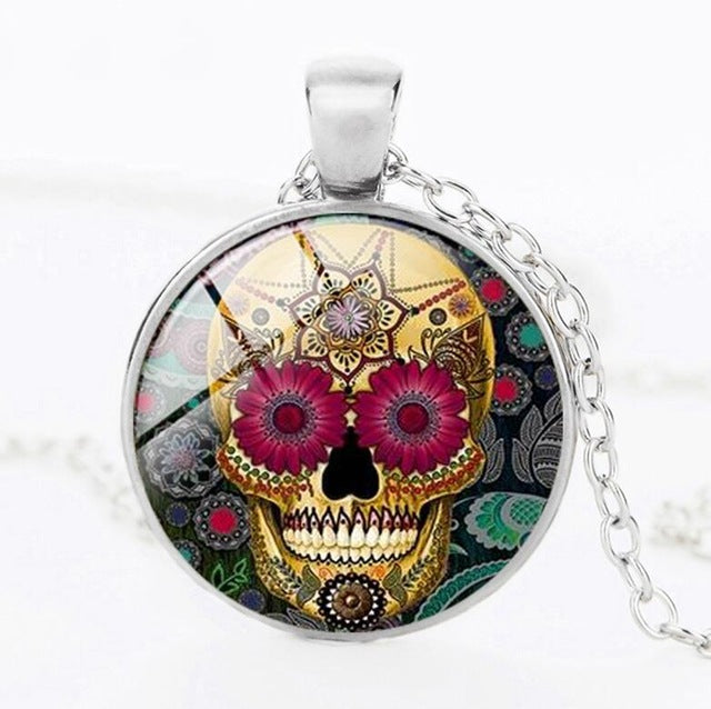 Sugar Skull Necklace Glass Crystal Skeleton Pendant Silver Color Chain Long Necklaces