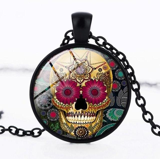 Sugar Skull Necklace Glass Crystal Skeleton Pendant Silver Color Chain Long Necklaces