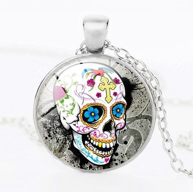 Sugar Skull Necklace Glass Crystal Skeleton Pendant Silver Color Chain Long Necklaces