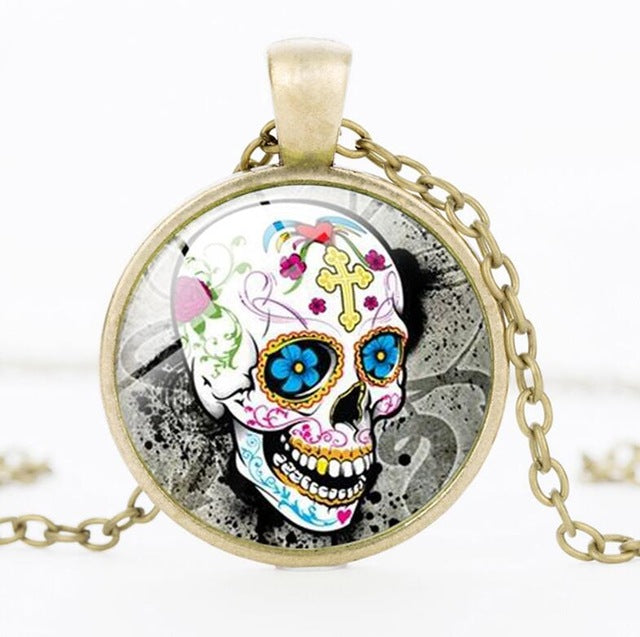 Sugar Skull Necklace Glass Crystal Skeleton Pendant Silver Color Chain Long Necklaces