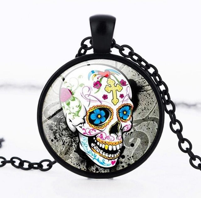 Sugar Skull Necklace Glass Crystal Skeleton Pendant Silver Color Chain Long Necklaces