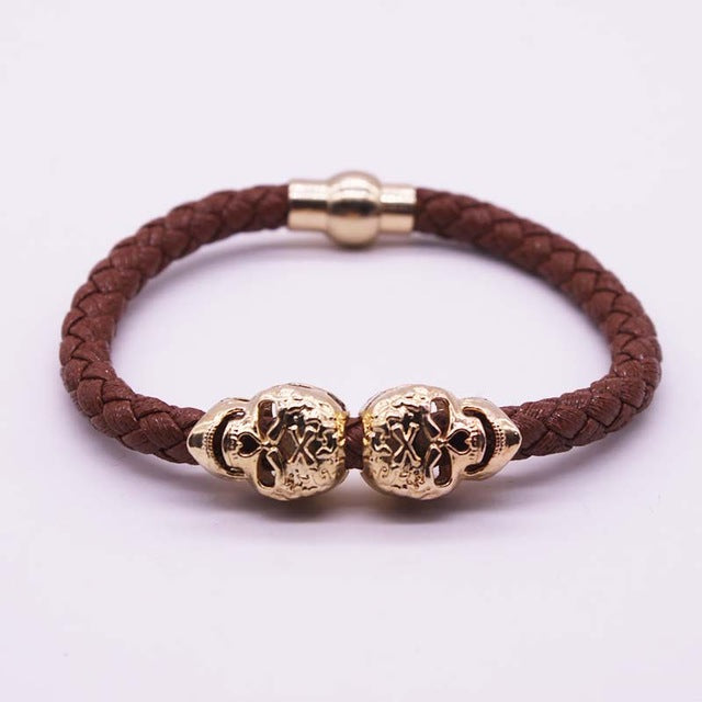 Hot Selling Fashion Braided Leather Bracelets Gold Skull Bracelet Punk Wrap Bracelet